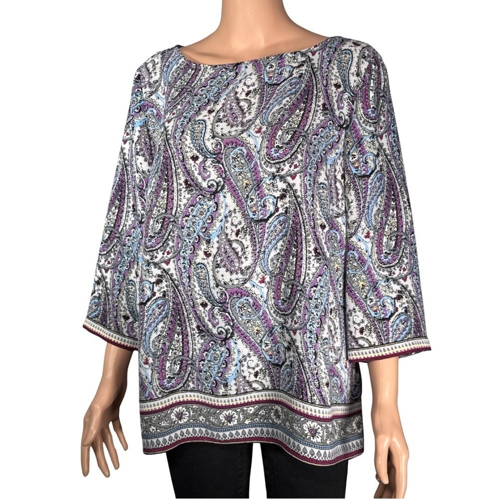 J. Jill Petite Large Paisley Print Boat Neck 3/4 Sleeve Blouse Purple Blue Woven